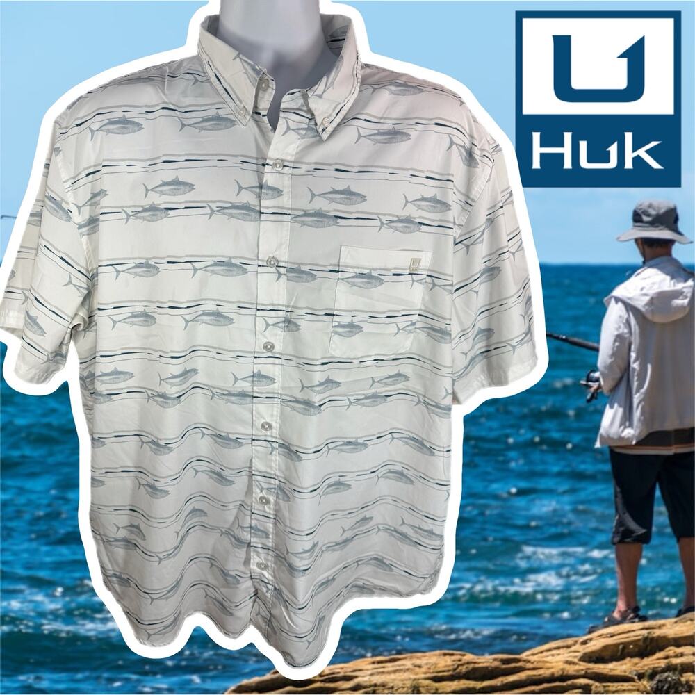 Huk Tuna Pastel Teaser White Stretch Button Up Shirt 2XL